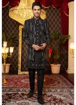 Art Silk Black Wedding Wear Thread Work Readymade Indo Western Sherwani